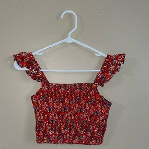 B.O.G. Collective Ruffled Strap Red Floral Smocked Crop Top size XS